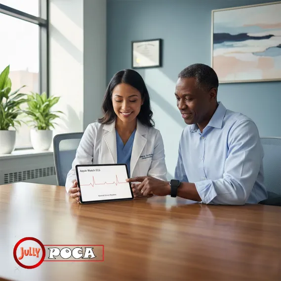 cardiologist and patient reviewing apple watch ecg data together during a heart health visit
